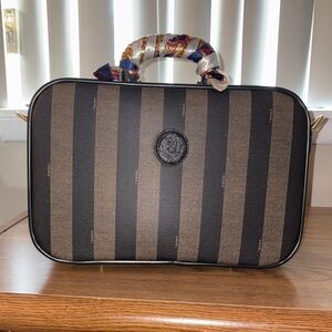 Fendi Black and Brown Striped zipped around large makeup vanity bag 15”x10”.